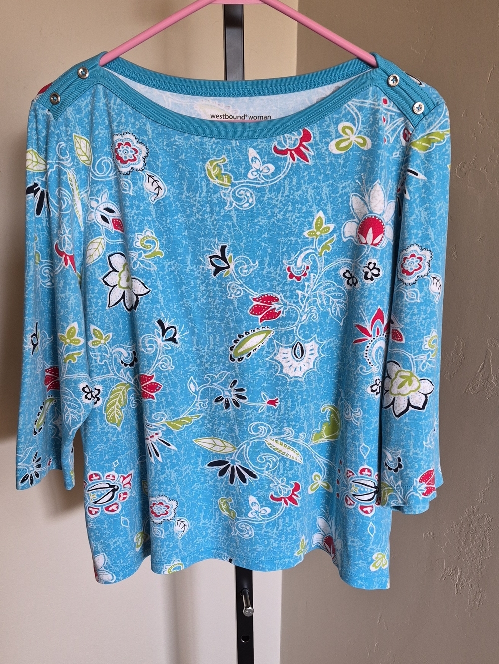 Westbound Blue Floral Boatneck 3/4 Sleeve Top with Shoulder Detail Size 1X